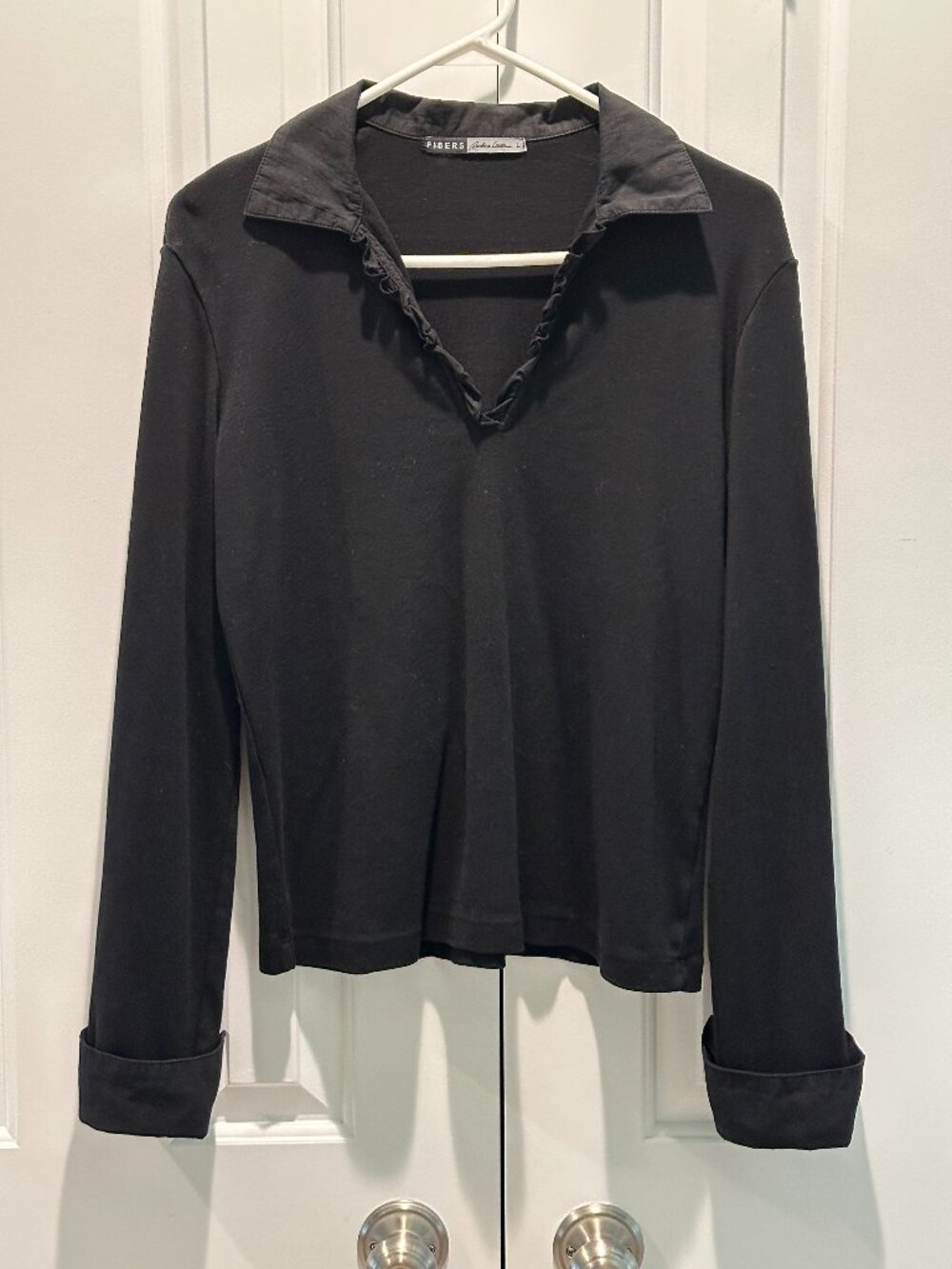 FIBERS Barbara Lesser Black Ruffle V Neck Polo Top Long Sleeve 100% Cotton L